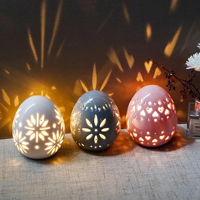 JHY DESIGN Set of 3 Ceramic Decorative Lamp 4" H Mood Lamp Battery Powered Floral Carved Cordless Light Great for Living Room Bedroom Weddings Parties Patio Events (Egg)