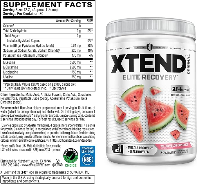 Xtend Original BCAA Powder, 7g BCAAs and 2.5g L-Glutamine for Muscle Recovery Hydration and Lean Muscle, Sugar Free Intra and Post Workout Drink with Electrolytes, Watermelon Explosion, 30 Servings