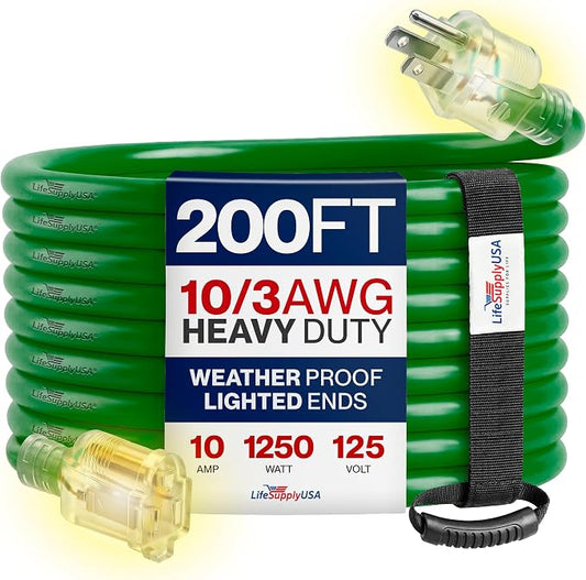 200ft Outdoor/Indoor Extension Cord 10/3 Gauge Ultra Heavy Duty 3 Prong SJTW, Waterproof, Flexible Cold-Resistant Long Power Cord,10A 125V 1250W, Green by LifeSupplyUSA