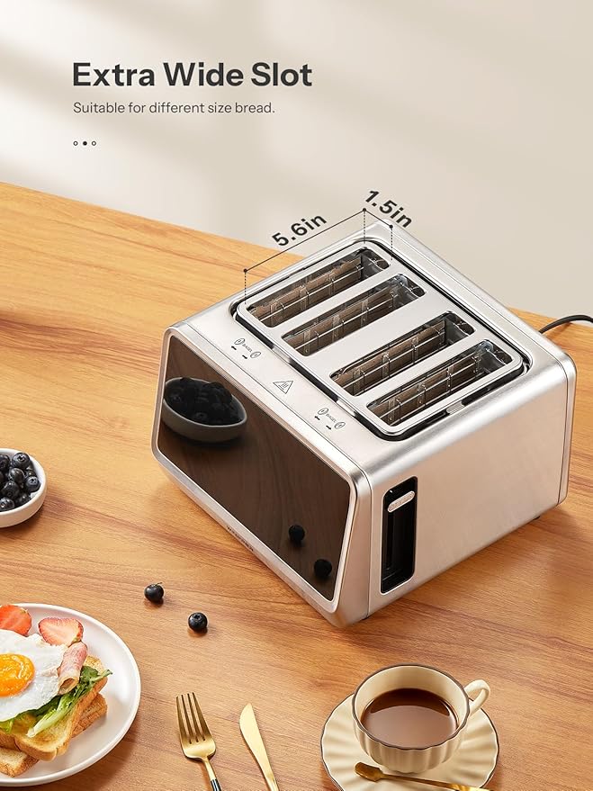 4 Slice Touchscreen Toaster, Digital Display Stainless Steel Toaster with Extra Wide Slots, 6 Shade Settings, Defrost Reheat Cancel Functions, Removable Crumb Tray