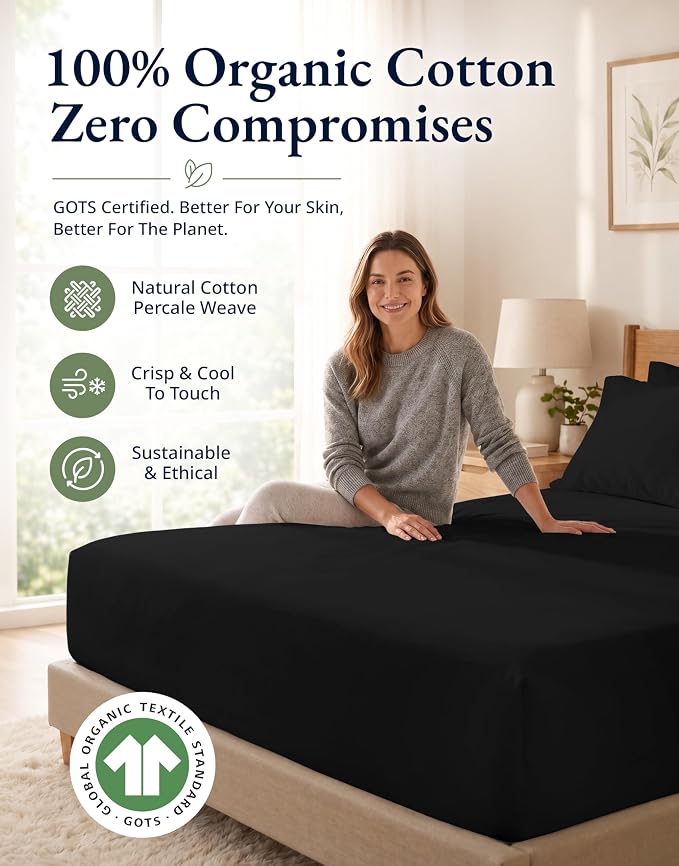 LANE LINEN Twin Fitted Sheets, 100% Organic Cotton 2-Piece Set (1 Fitted Sheet, 1 Pillowcase), Percale Weave, Bottom Sheet, Soft, Breathable, Fits Mattress Upto 15' Deep - Black (No Flat Sheet)