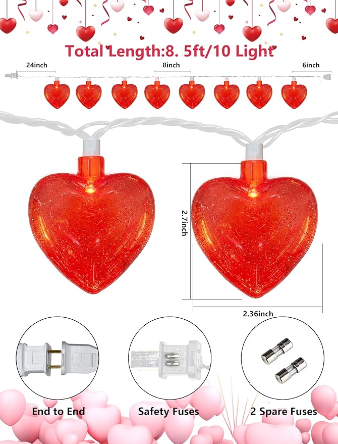 Valentines Red Heart String Lights Plug in, 8.5Ft Outdoor Valentine's Day Decorations Lights with 10 Red Glitter Heart Lights, Hanging Heart Fairy Lights for Indoor Window Wedding Birthday Party Decor