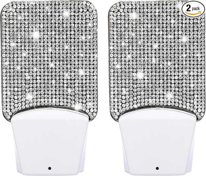 Sumind 2 Pcs Silver Rhinestone Night Lights Plug in Bling Auto Shine Glitter Lamp Decorative LED Night Lamp with Light Sensor for Bedroom, Kitchen, Bathroom, Hallway, Stairs, Toilet