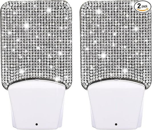 Sumind 2 Pcs Silver Rhinestone Night Lights Plug in Bling Auto Shine Glitter Lamp Decorative LED Night Lamp with Light Sensor for Bedroom, Kitchen, Bathroom, Hallway, Stairs, Toilet