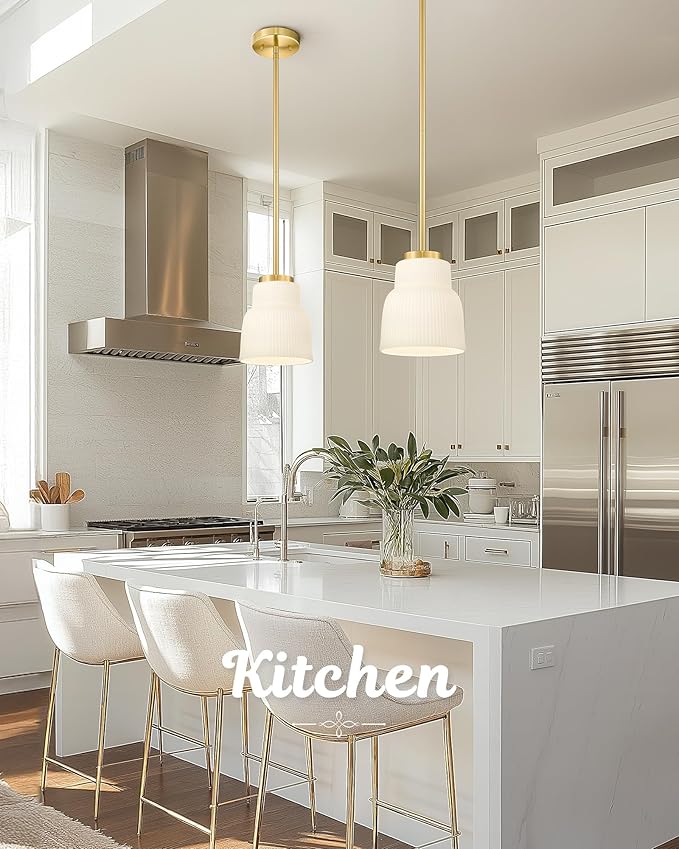 FEMILA Brushed Gold Pendant Light with Milk Glass Shade, Modern Hanging Light Fixture for Kitchen Island, Dining Room, Bar, E26 Socket, Adjustable Height, 4FYD87MIL BG
