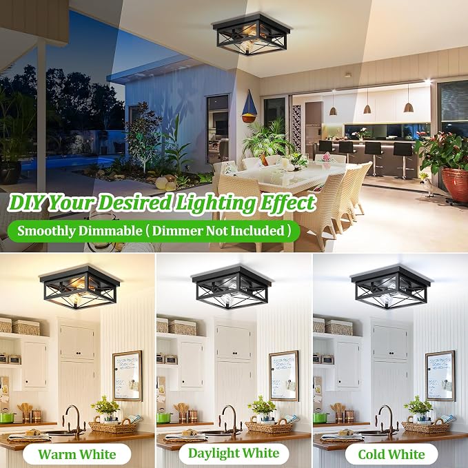 Kondras 2-Light Farmhouse Ceiling Light Fixture, Industrial Square Flush Mount Ceiling Light, Modern Black Metal Hallway Ceiling Lighting Fixture for Kitchen Entryway Living Room Bathroom Porch