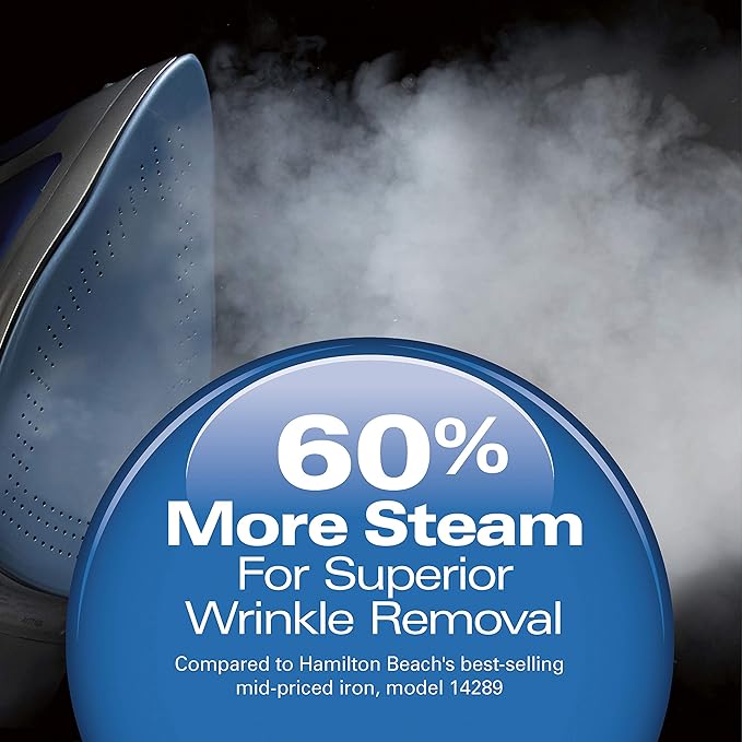 Hamilton Beach Steam Iron & Vertical Steamer for Clothes with Scratch-Resistant Durathon Soleplate, 8' Retractable Cord, 3-Way Auto Shutoff, Anti-Drip, 1500 Watts, Blue