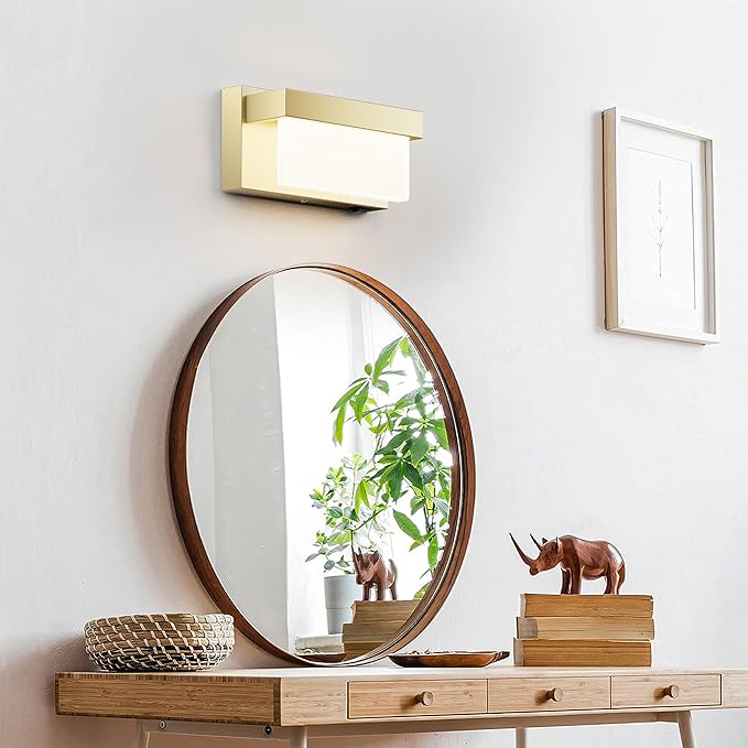 Wall Sconce Champagne Gold Wall Light with On/Off Switch 8 inch LED Wall Lamp Acrylic Lampshade 4000K Sconce Wall Lighting