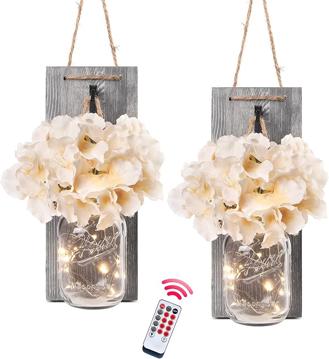 Rustic Mason Jar Sconces Wall Decor - Set of 2 Hanging Wooden Wall Art with LED String Lights & Remote Timer - Vintage Farmhouse Decoration for Living Room or Bedroom, Grey