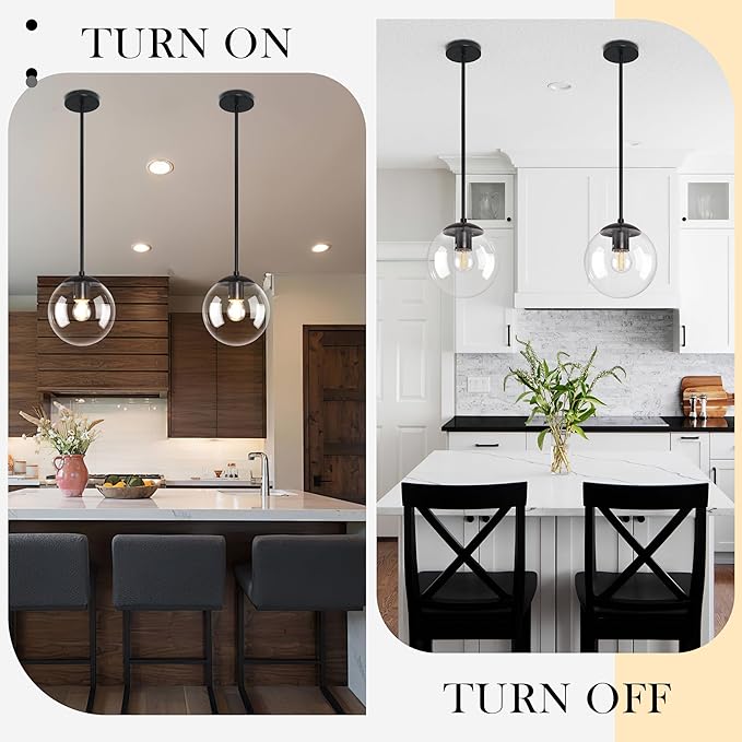 Bagood 8 Inch Black Mid Century Pendant Light Globe Clear Glass Fixture Lights Kitchen Island Globe Pendant Light Mid Century Adjustable Hanging Farmhouse Lights Fixtures for Kitchen Island