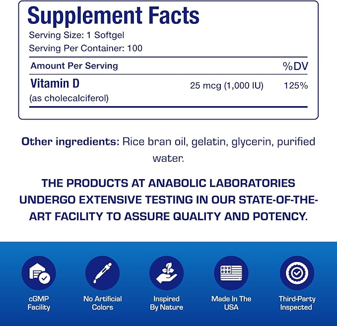 Vitamine D3 1000 UI à Absorption Élevée - Formule Clinique de Vitamine D pour Adultes Hommes et Femmes pour le Soutien des Os, des Dents, des Muscles, de l'Humeur et du Système Immunitaire - Vitamine D3 25 mcg Facile à Avaler - 100 Portions