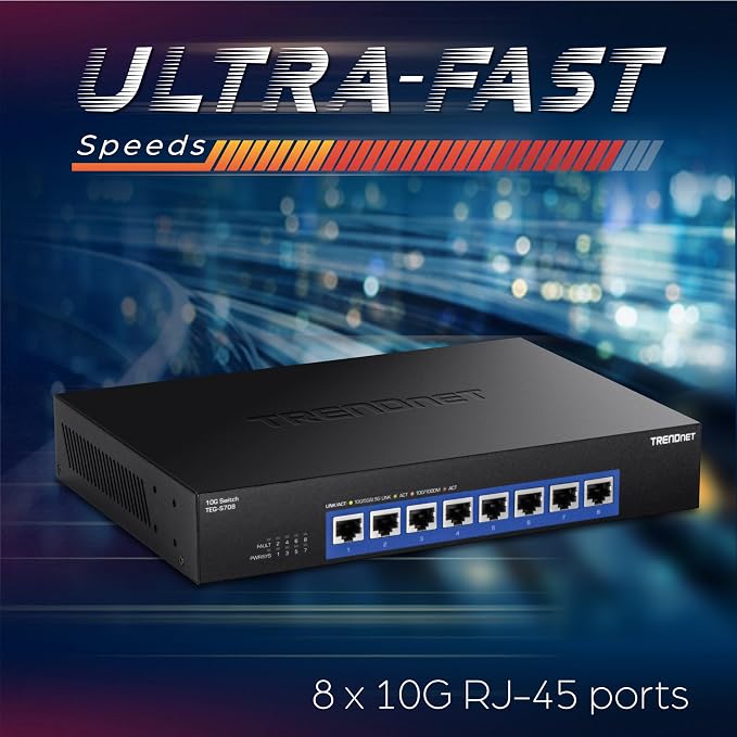 TRENDnet 8-Port 10G Switch, TEG-S708, 8 x 10G RJ-45 Ports, 160Gbps Switching Capacity Rack mountable, Ethernet Splitter, NDAA & TAA Compliant, Lifetime Protection, Black