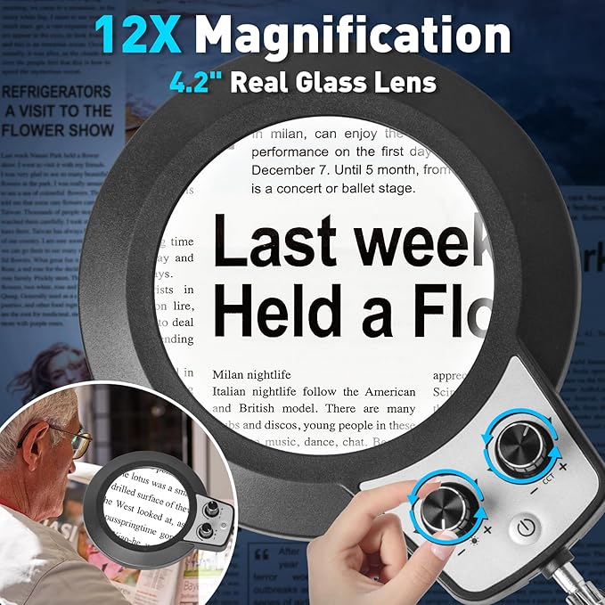 KIRKAS 12X Magnifying Glass with Light and Stand, Overhead Knob Magnifying Lamp for Workbench Craft, Sewing, LED Lighted Magnifier Real Glass Lens Adjust Arm Stepless Dimming and Color(22in Clamp)