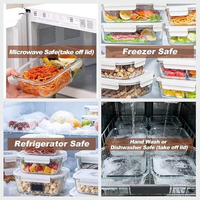 3-Piece Square Glass Vacuum Food Storage Containers Set with Hand Pump & 10 Sealer Bags, Borosilicate Airtight Meal Prep Lids with Date Tracker, Leakproof, Freezer & Microwave Safe [18/27/42 Oz]
