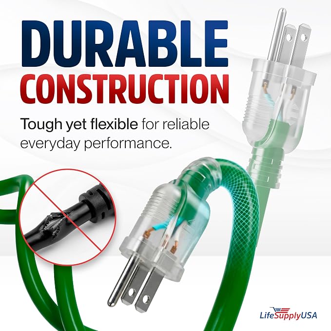6ft Outdoor/Indoor Extension Cord 12/3 Gauge Extra Heavy Duty 3 Prong SJTW, Waterproof, Flexible Cold-Resistant Long Power Cord,125 Amp 1875W, Green by LifeSupplyUSA