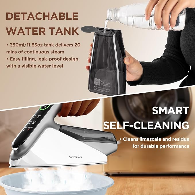 Newbealer Steam Generator Iron, 1500W Turbo Steamer for Clothes (Silver) | 2 Bar Steam Pressure Clothes Iron, 4 Steam & 4 Dry Heat Modes, Fast Heat-Up, 350ml Detachable Tank, Auto-Off, Self-Cleaning
