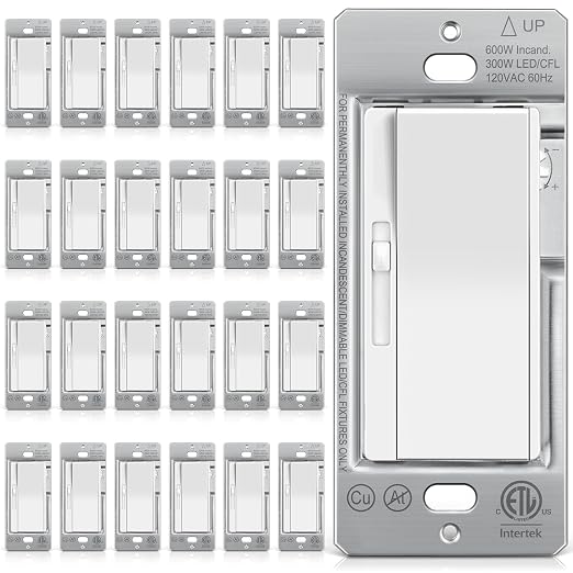 BESTTEN 24 Pack Super Slim Dimmer Light Switch for 300W Dimmable LED/CFL Lights and 600W Incandescent/Halogen, Single Pole/3-Way LED Slide Dimmer, ETL Listed, White