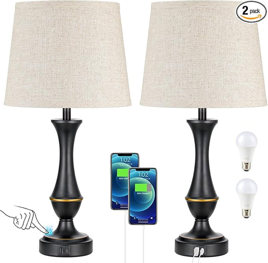 Seealle Upgraded Touch Lamps for Night Stands Set of 2 - Bedside Lamps with USB C+A, 3 Way Dimmable for Bedroom Living Room End Tables Office (Tall Beige&Black)