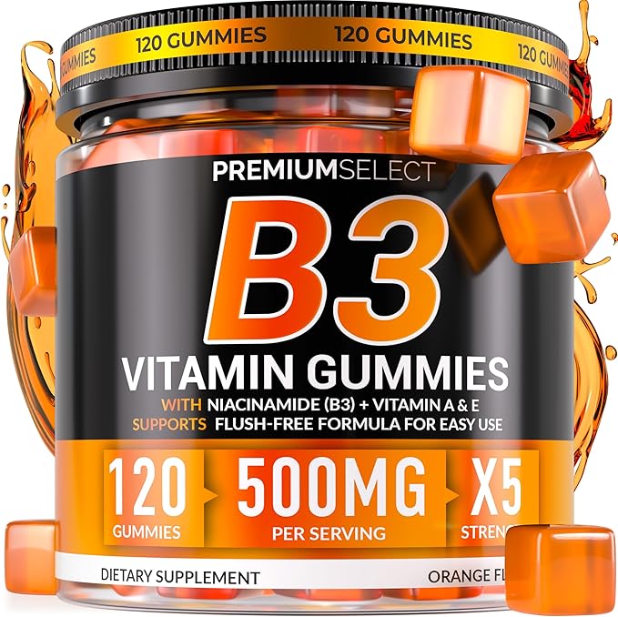 Gummies de Vitamine B3 Niacinamide 500 mg – Supplément de Niacine sans Effet Flush avec Vitamines A et E – 120 Gummies Véganes pour Adultes – Sans OGM, Sans Sucre, Sans Gluten – Approvisionnement pour 2 Mois