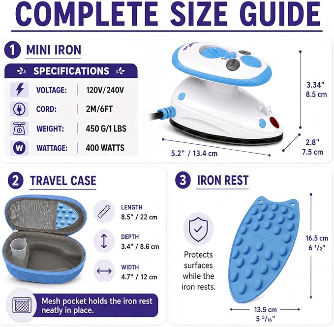 The Quilted Bear Premium Mini Steam Iron - Lightweight Mini Travel Iron for Effortless Quilting & Wrinkle-Free Clothes with Carry Case & Iron Rest Set - Travel Steamer for Clothes & Crafts (Blue)