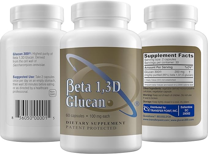 Transfer Point Yeast-Derived Beta 1,3D Glucan (1,3/1,6 B-Glucans) 200mg, Minimum 85% Beta Glucan Content, Non-GMO, Vegetarian, All-Natural Immune Support, 60 Capsules