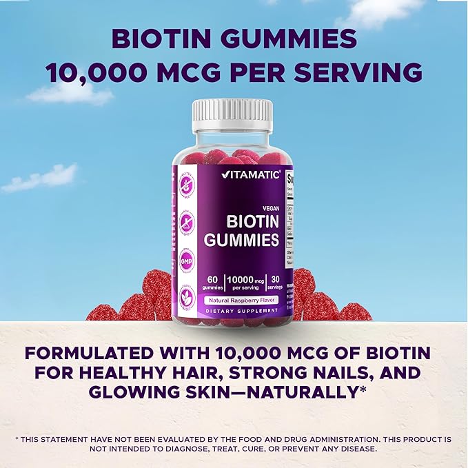 Vitamatic Biotin Gummies 10,000 mcg for Stronger Hair, Skin & Nails - 60 Vegan Gummies - Also Called Vitamin B7 (6 Bottles)