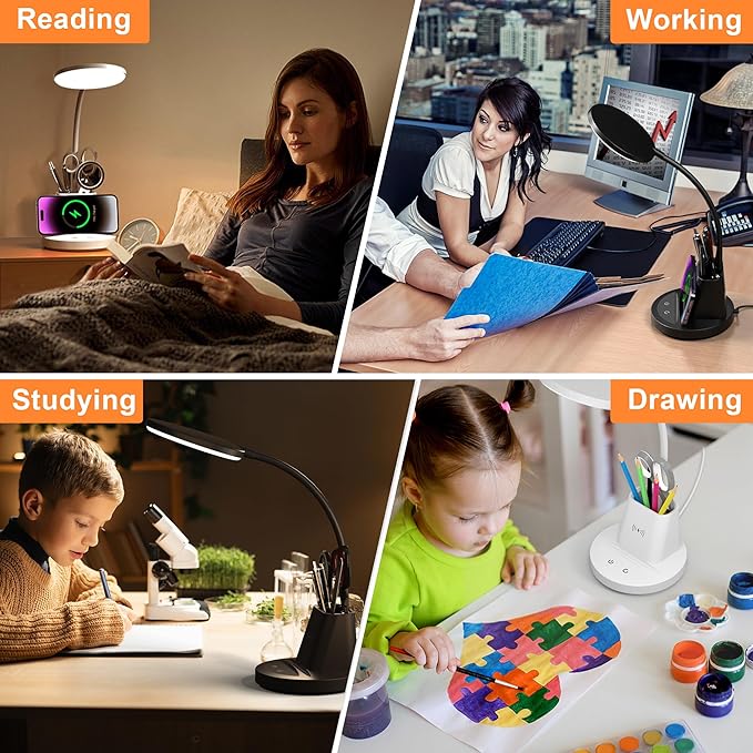 Desk Lamp for Home Office, LED Desk Lamp with Wireless Charger Pen Phone Holder, Dimmable Desk Light 3 Color Modes, College Dorm Study Lamp for College Dorm, CRI 90 800 Lumen