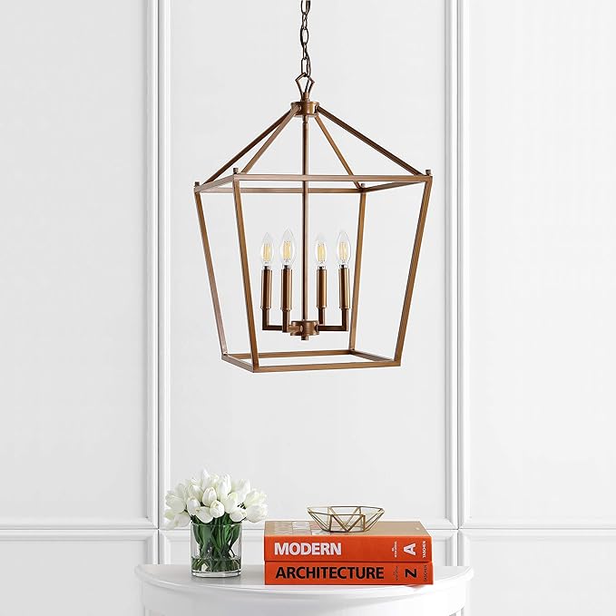 JONATHAN Y 16" Antique Gold Lantern Pendant Light, 4-Light Pagoda Style Metal Cage Farmhouse Hanging Ceiling Fixture for Kitchen Island, LED Bulb Included (JYL7437B)