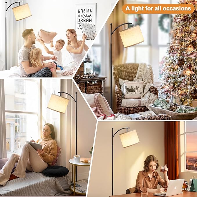 Ambimall 60" Floor Lamp with Remote Control and Stepless Dimmable Bulb, Colors Temperature & Brightness Adjustable, Modern Floor Lamps for Living Room, White Shade & Black Pole