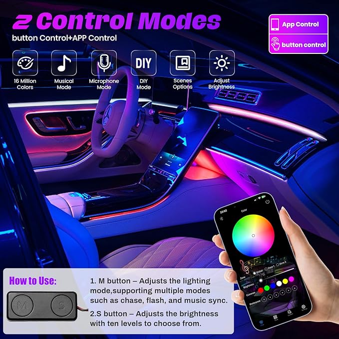 Acrylic Interior Car LED Strip Lights,dreamcolor 6-in-1 Car Ambient Lighting Kit, with APP Control, 622 LED Fiber Optic Strip Lights for Cars,Supports Neon Sync with Music DIY Mode.