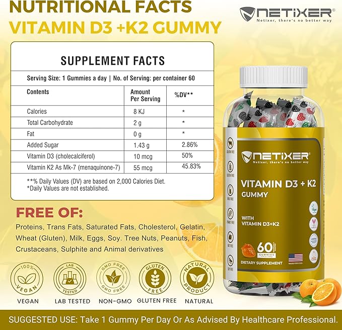 Gummies Vitamine D3 K2 pour Adultes – 60 Gummies Végans à l'Orange | 400 UI (10 mcg) D3 + 55 mcg Vitamine K2 MK-7 | Emballées Individuellement, Sans Gélatine, Sans Gluten, Sans OGM | Certifié Halal
