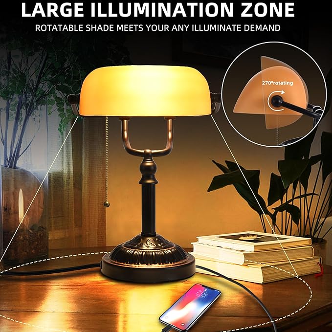 Bankers Desk Lamp with USB-A Port, Rustic Desk Lamp Pull Chain with Yellow Glass Shade, Vintage Banker's Desk Lamp Oil Rubbed Bronze for Home Office Library