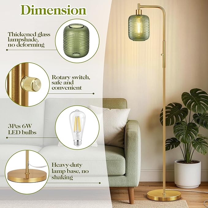 QiMH Floor Lamps for Living Room, Gold Standing lamp with Green Glass Lamp Shade, 67" Tall lamp with Rotary Switch, Dimmable Floor Lamp for Bedroom Office, 2700K Bulb Included