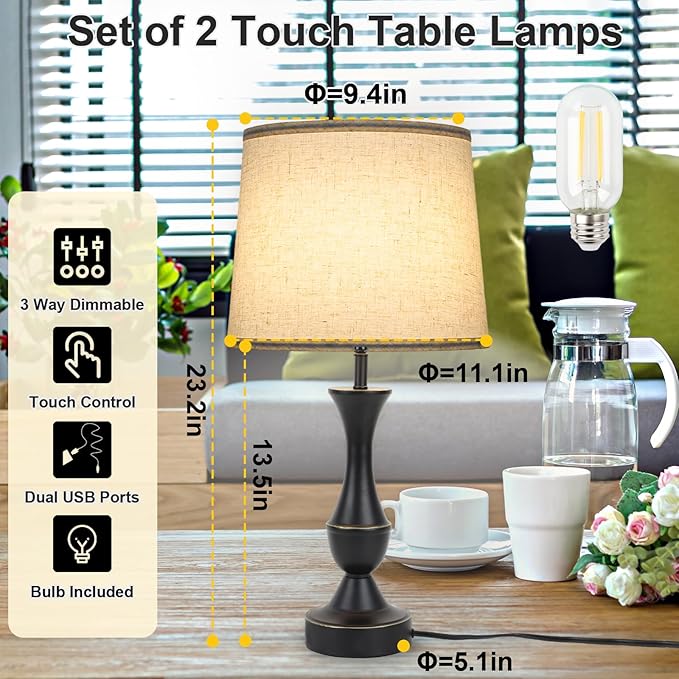 LALISU Touch Lamps for Bedrooms Set of 2, Farmhouse Table Lamp with USB C Charging Port, 3 Way Dimmable Nightstand Lamps with Linen Fabric Lampshade for Bedroom, Living Room (Pack2-Black)