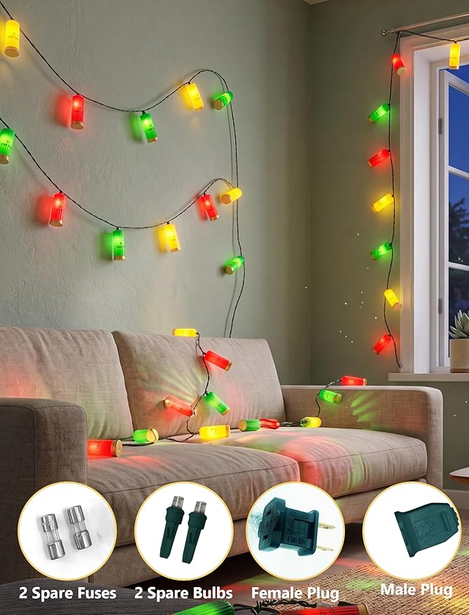 Multicolor Shotgun Shell String Lights Plug in, 8.5Ft Outdoor Christmas Decorations Lights with 10 LED 3D Bullets Lights, Hanging Novelty Bullets Shell Light for Outdoor Patio Garden Backyard Party