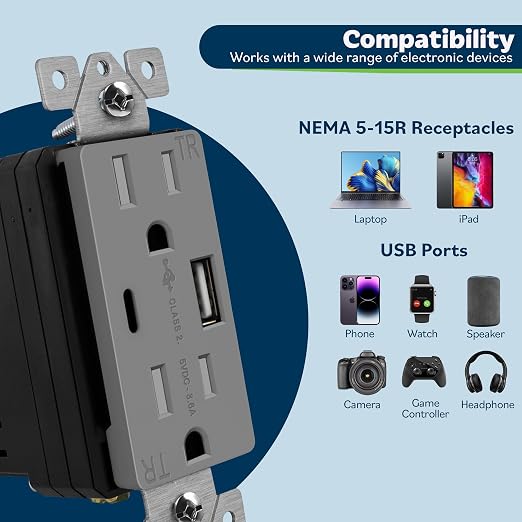 TOPGREENER 2-Port USB Outlet, 4.2A Type C USB Wall Outlet, 15 Amp TR Receptacle Plug, Charging Power Outlet with USB Ports, Wall Plate Included, UL Listed, TU21536AC-GY-2PCS, Gray, 2 Pack