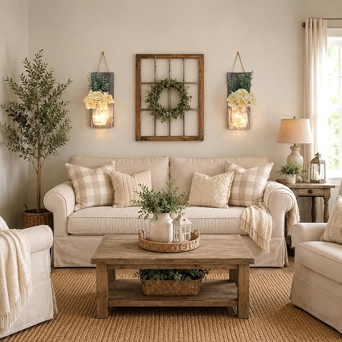 Modern Farmhouse Wall Decor Set of 2, Rustic Wall Art Living Room Decor with Led Fairy Lights and Rose Flowers, Country Home Decor Gifts, X-Large Rustic Grey