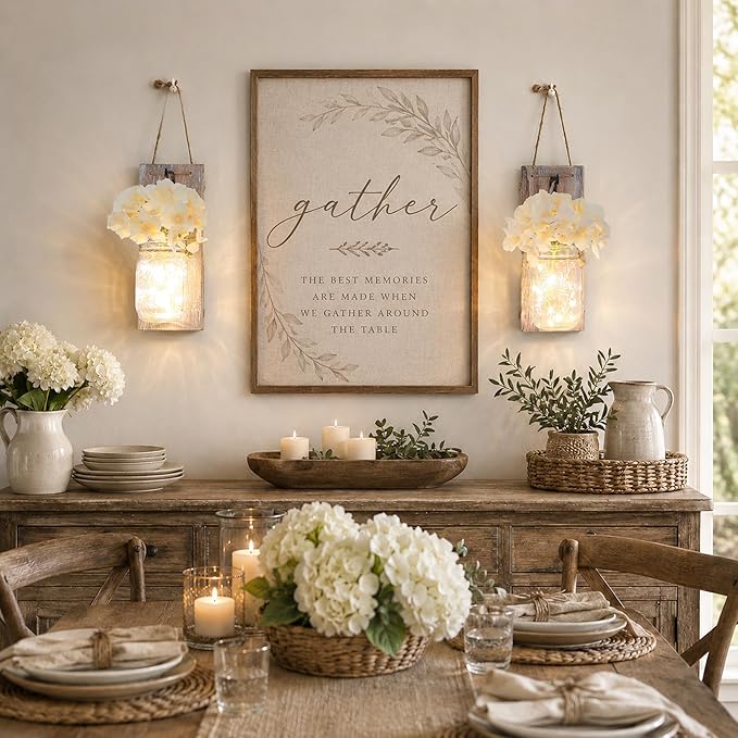 Rustic Mason Jar Sconces Wall Decor - Set of 2 Hanging Wooden Wall Art with LED String Lights & Remote Timer - Vintage Farmhouse Decoration for Living Room or Bedroom, Rustic Brown