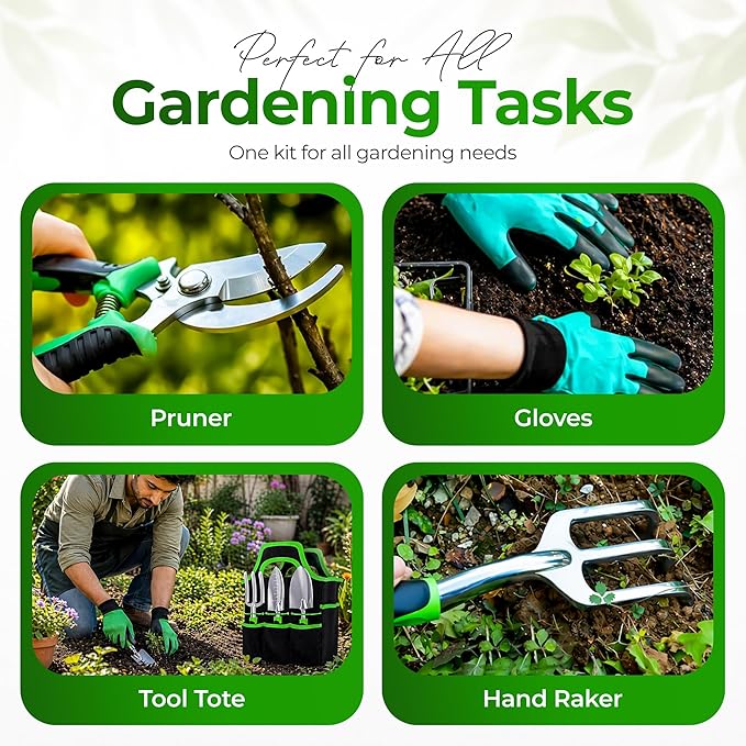 Gardening Tools Set with Bag 8 PCS – Heavy Duty Stainless Steel Garden Hand Tools Kit, Ergonomic Non-Slip Handles, Rust-Proof, Includes 15 Plant Tags – Gardening Gift for Women & Men