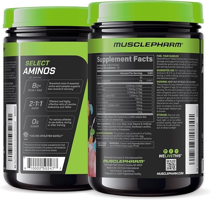 MusclePharm Select Amino's EAA + BCAAs, Post Workout Essential Amino Acids Powder, Pre Workout Energy Supplement for Men & Women with Branched Chain Amino Acids, 30 Servings (Sour Candy)