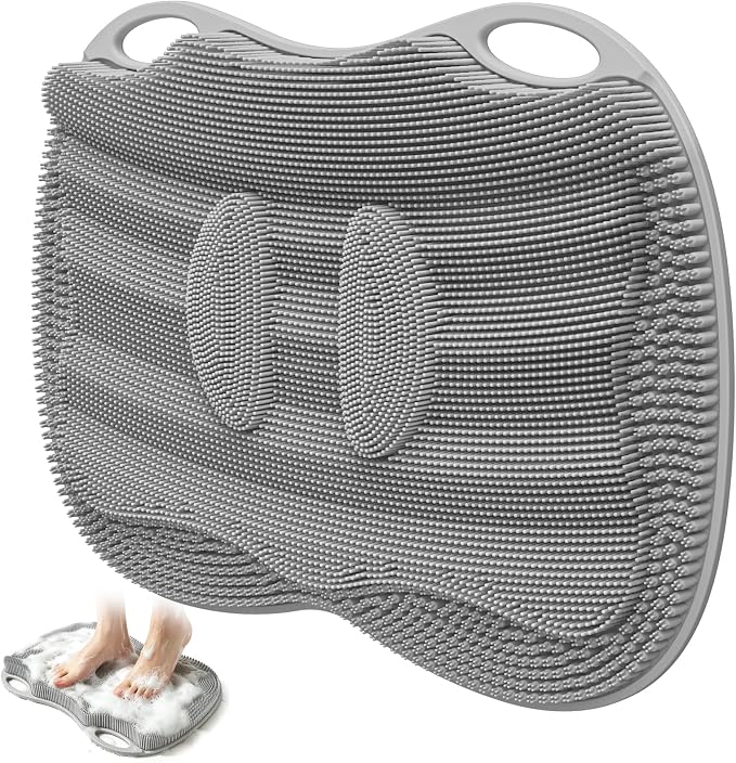 Shower Foot Scrubber Mat XL, Silicone Feet Toes Massage Cleaner -Upgraded Long Brush Pad Without Bending Non-Slip Suction Cups for Foot Bath Bathtub Exfoliate Smooth Skin 17.4x13 Grey
