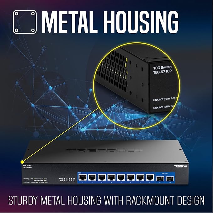 TRENDnet 10-Port 10G Unmanaged Switch, TEG-S7102, 8 x 10G RJ-45 Ports, 2 x 10G SFP+ Ports, 200Gbps Switching Capacity, Rackmount Design, Lifetime Protection, Black