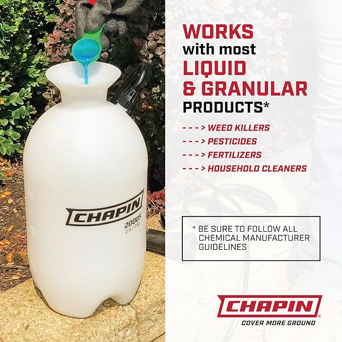 Chapin 20024 Pump Sprayer, 2‑Gallon, Lawn & Garden, Translucent Poly Tank, Funnel‑Top, SureSpray, Adjustable Cone Nozzle & 34" Hose for Fertilizer, Weed & Pest Application, Pack of 2