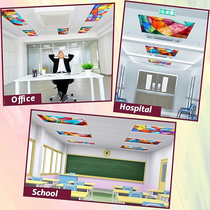 12 Pcs Fluorescent Light Covers with 120 Magnets Decorative for Classroom Ceiling Light 4 x 2 Feet Magnetic Light Covers Filter Easy Install for Office Home Drop Ceiling Supplies(Retro Glass Window)