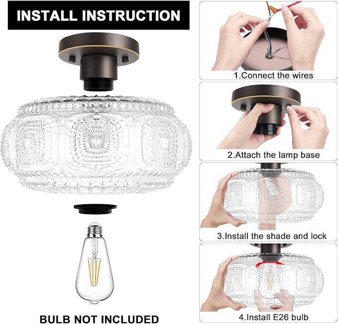 Semi Flush Mount Ceiling Light, Upgraded Larger Bronze Glass Ceiling Light Fixture, Vintage Lighting for Hallway Kitchen Bedroom Dining Room, Bulb Not Included