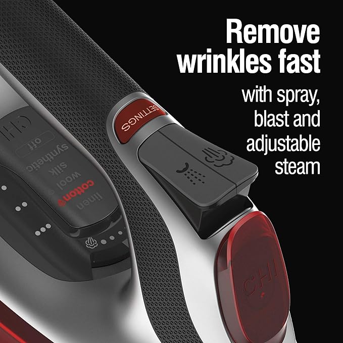 CHI Steam Iron for Clothes, Electronic Temperature Control, Titanium Ceramic Soleplate, Professional Grade, 1700 Watts, 3-Way Auto Shutoff, XL 10' Cord, Silver