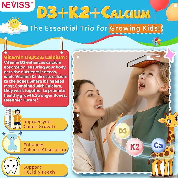 Gummies Vitamine D3 K2 pour enfants + Calcium, Magnésium, Zinc, Phosphore, Vitamine C, Complément alimentaire multivitaminé D3 et K2 pour la santé osseuse, l'absorption du calcium, la concentration et l'immunité, Sans OGM, Sans sucre, Lot de 2