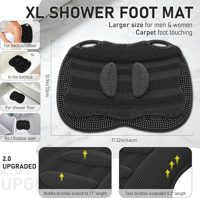 Shower Foot Scrubber Mat in Shower XL, Silicone Exfoliating Bathtub Safety Mat Massage Non-slip Suction Cups Scrubber Foot Toes Clean Pad without Bending Achy Relief 17.4 * 13.4" Black