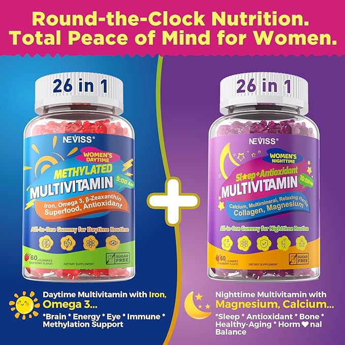 NEVISS Multivitamine Méthylée 52-en-1 pour Femmes, Gommes avec Fer, Oméga-3, B6 B9 B12 pour la Journée | Glycinate de Magnésium, Calcium, Collagène pour le Renouvellement/Sommeil Nocturne, Quotidien AM PM pour Femmes 18 30 40 50 60 70+