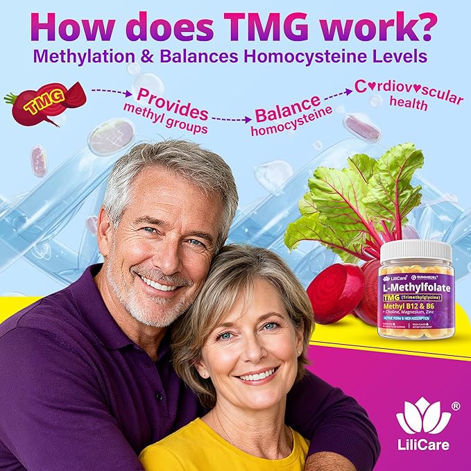L-MethylFolate 15mg 7.5mg & B12 1000 mcg Gummies, Methylated B Complex + TMG, Magnesium, Choline - Active 5-MTHF(B9) + Methyl B12, B6, Multivitamin - Methylation, Cognition, Mood, Sugar Free, 2 Pack